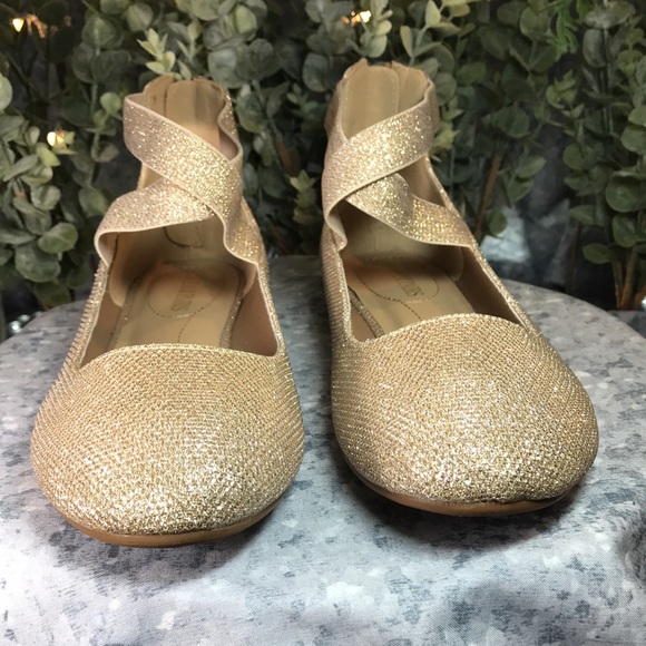 Women’s Size 9.5M Dream Pairs Gold Sparkle Flats with Elastic Ankle Cross Bands - Picture 2 of 9